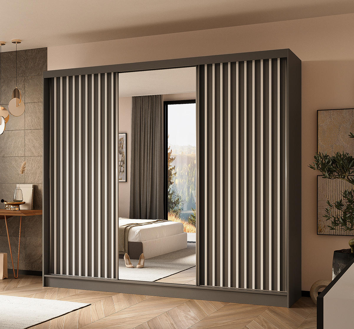 SCHWEBETÜRENSCHRANK Cabinio Grau Weiß 240/216/61 cm – mit Spiegel und Lamellen - Weiß/Grau, Holzwerkstoff/Kunststoff (240/216/61cm) - AX Living