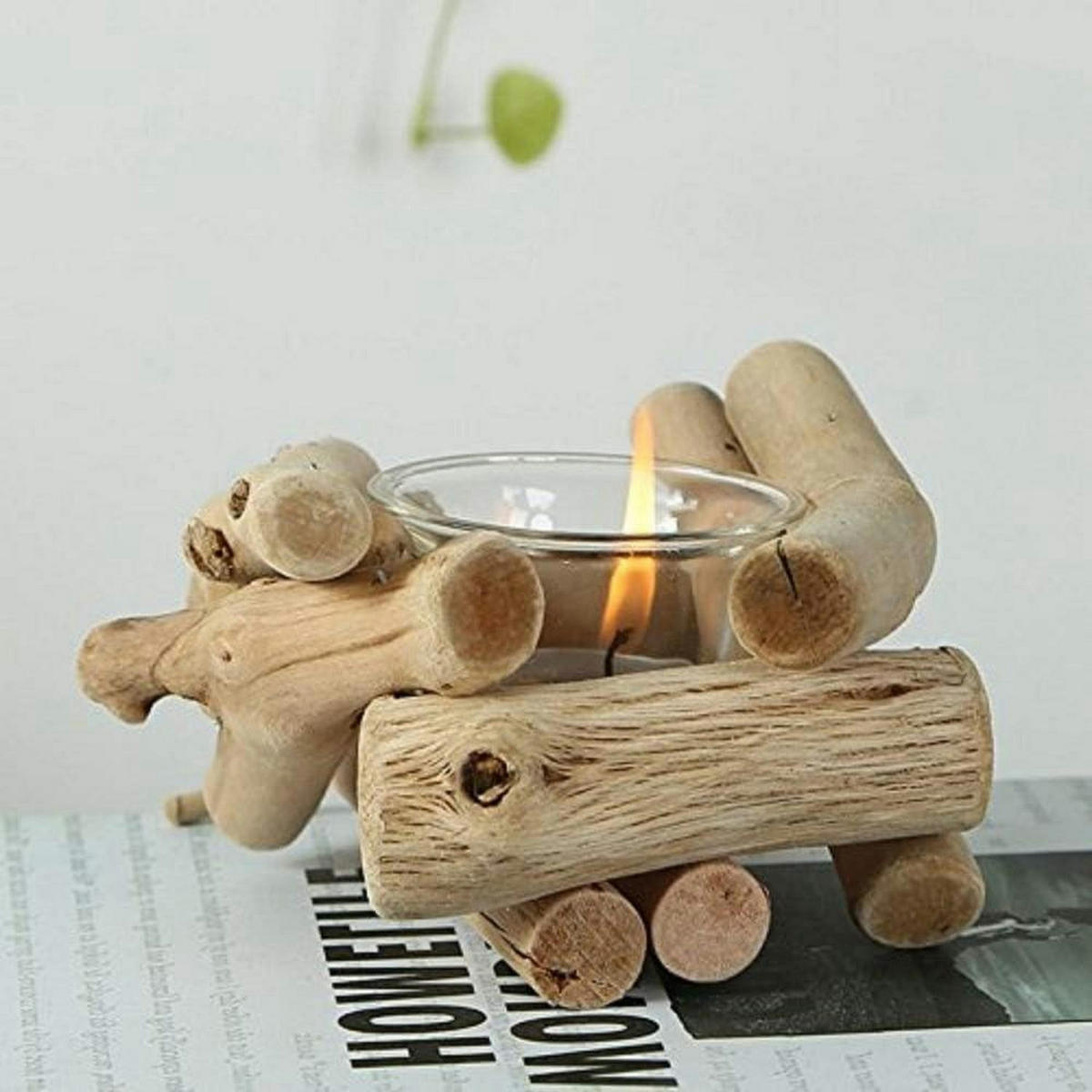 TEELICHTHALTER 4-teiliges Set Holz mit Glasbecher - Hellbraun, Holz (8cm)