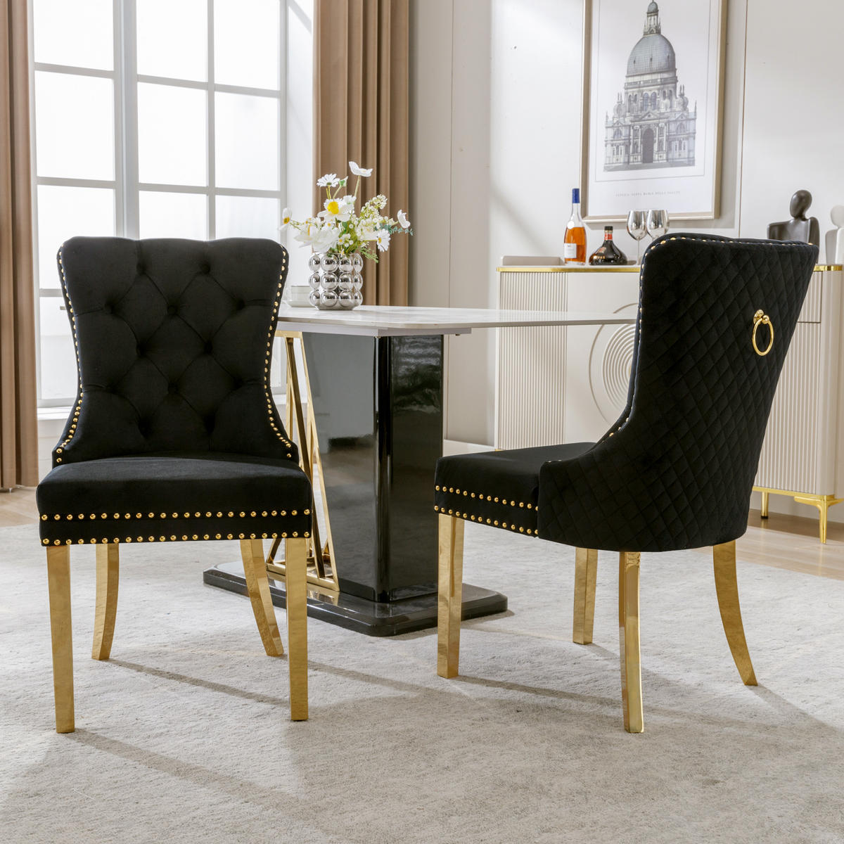 ESSZIMMERSTUHL 2-Tlg Samt Schwarz Gold, Nagelkopf, Gold Beine - Schwarz, Textil (50.5/95/45cm) - FLIEKS