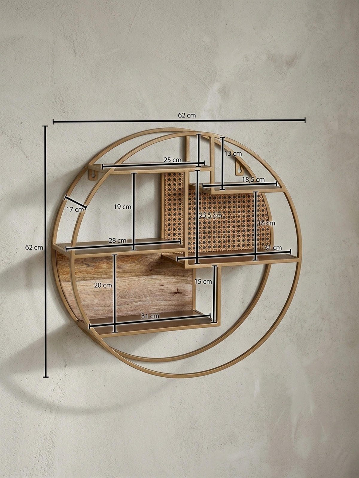 WANDREGAL Rattan Massivholz Metall Industrial Stil mit 5 Ablagen - Braun, Holz/Metall (62/17/62cm) - KADIMA DESIGN
