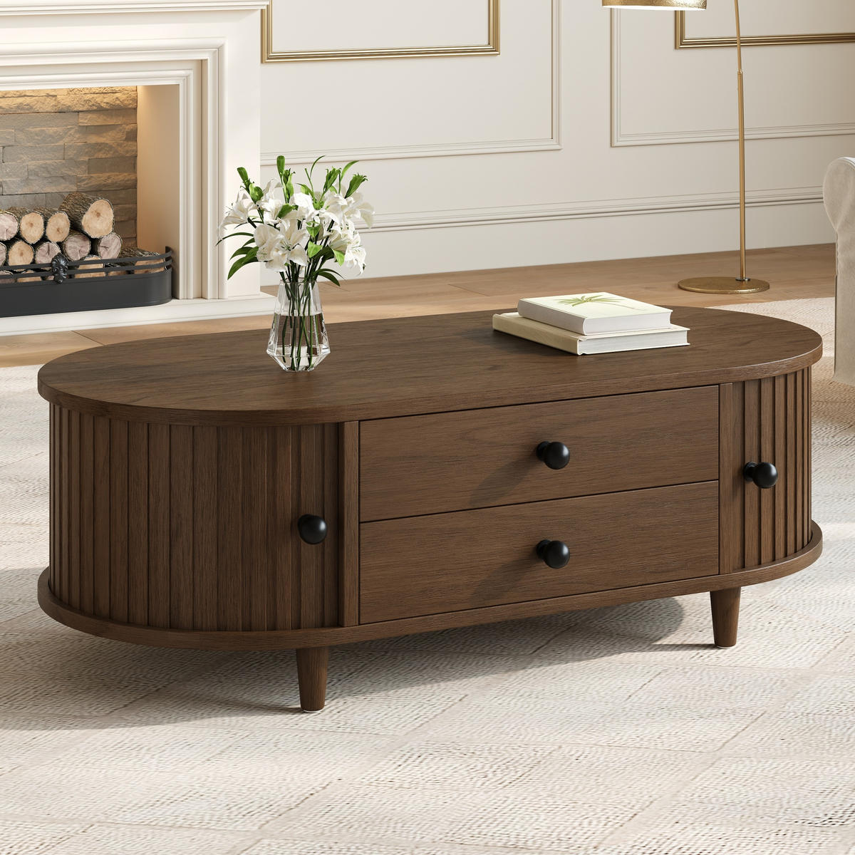 COUCHTISCH mit Stauraum, Rolltüren & Schubladen in heller Holzoptik Skandi 100/50/36 MDF Massivholzbeine - Dunkelbraun, Holzwerkstoff (100/50/36cm) - EVRYAE