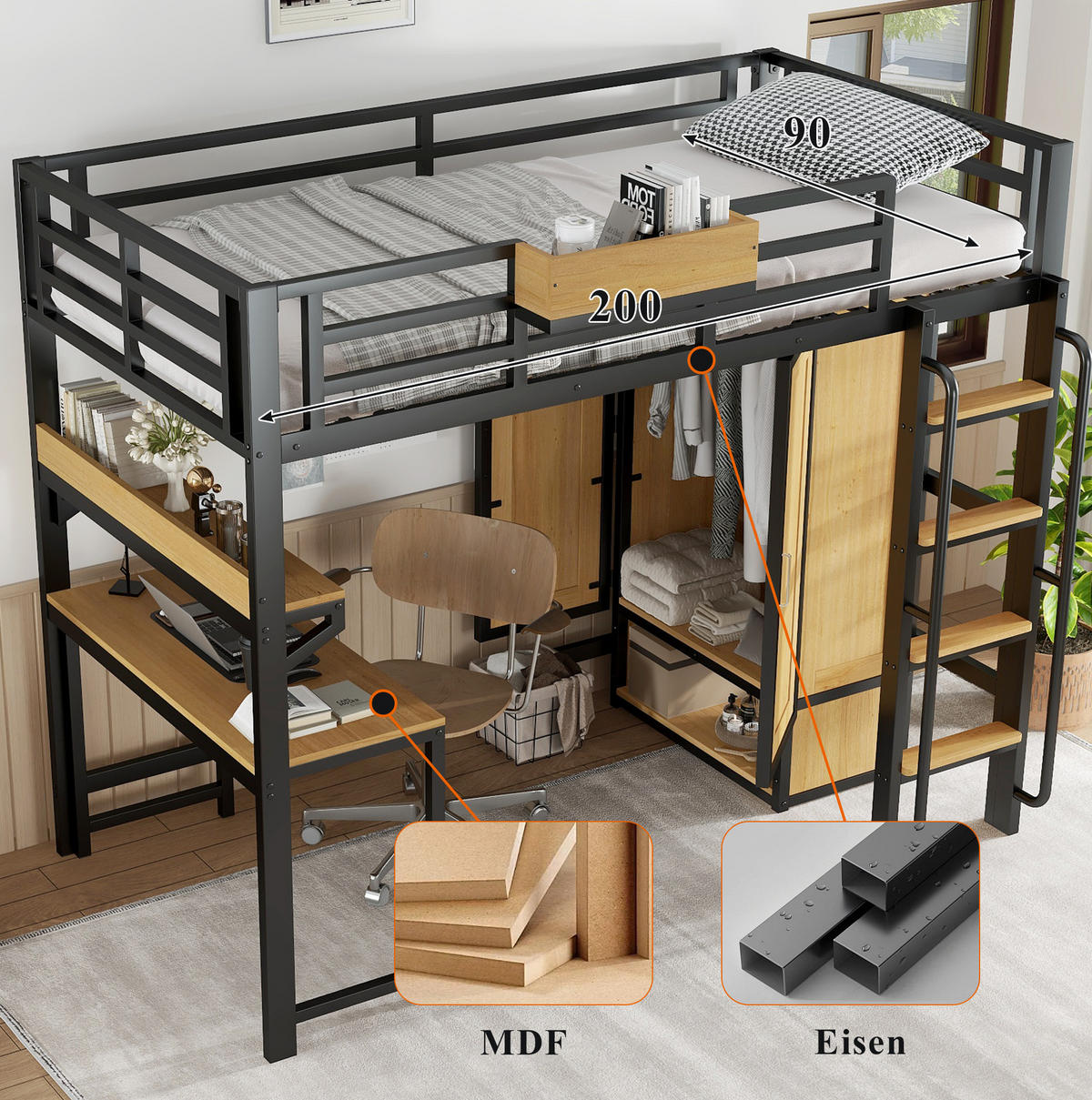 HOCHBETT 90/200 cm mit Kleiderschrank, Schreibtisch und Regal in Schwarz/Natur - Schwarz, Metall (90/200cm) - Flora Grace