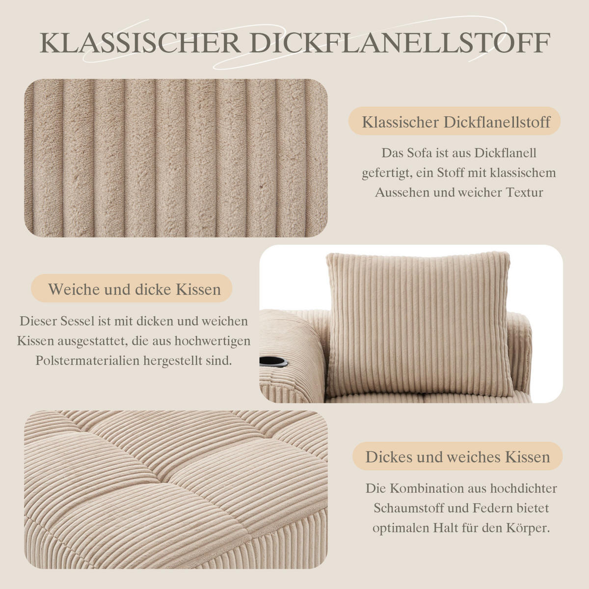 SOFA Khaki, Relaxsessel Cordbezug mit Getränkehalter und Stauraum - Braun, Textil (158/61/93cm) - PARAFTA HOME