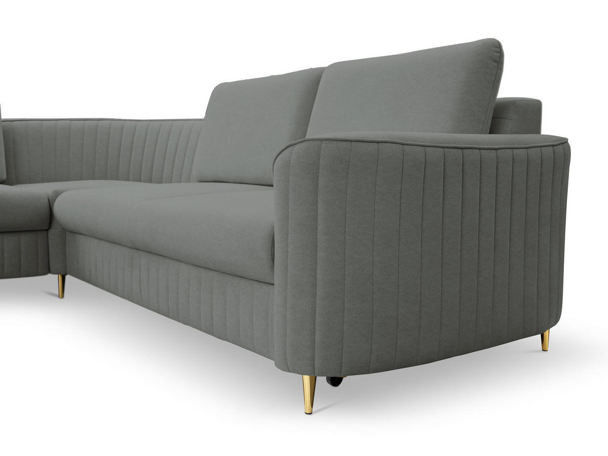 ECKSOFA VELA R-S Grau Velours-Stoff mit Schlaffunktion - Grau, Holz (251/251cm) - MASSENO