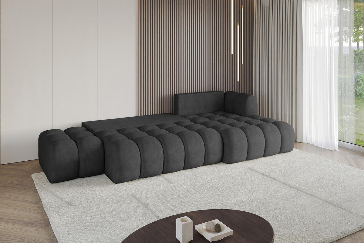 ECKSOFA mit Schlaffunktion Ottomane RECHTS OLEA-L2 321x164x75 Dunkelgrau Velours - Dunkelgrau/Schwarz, Holzwerkstoff/Kunststoff (164/321cm) - ALTDECOR