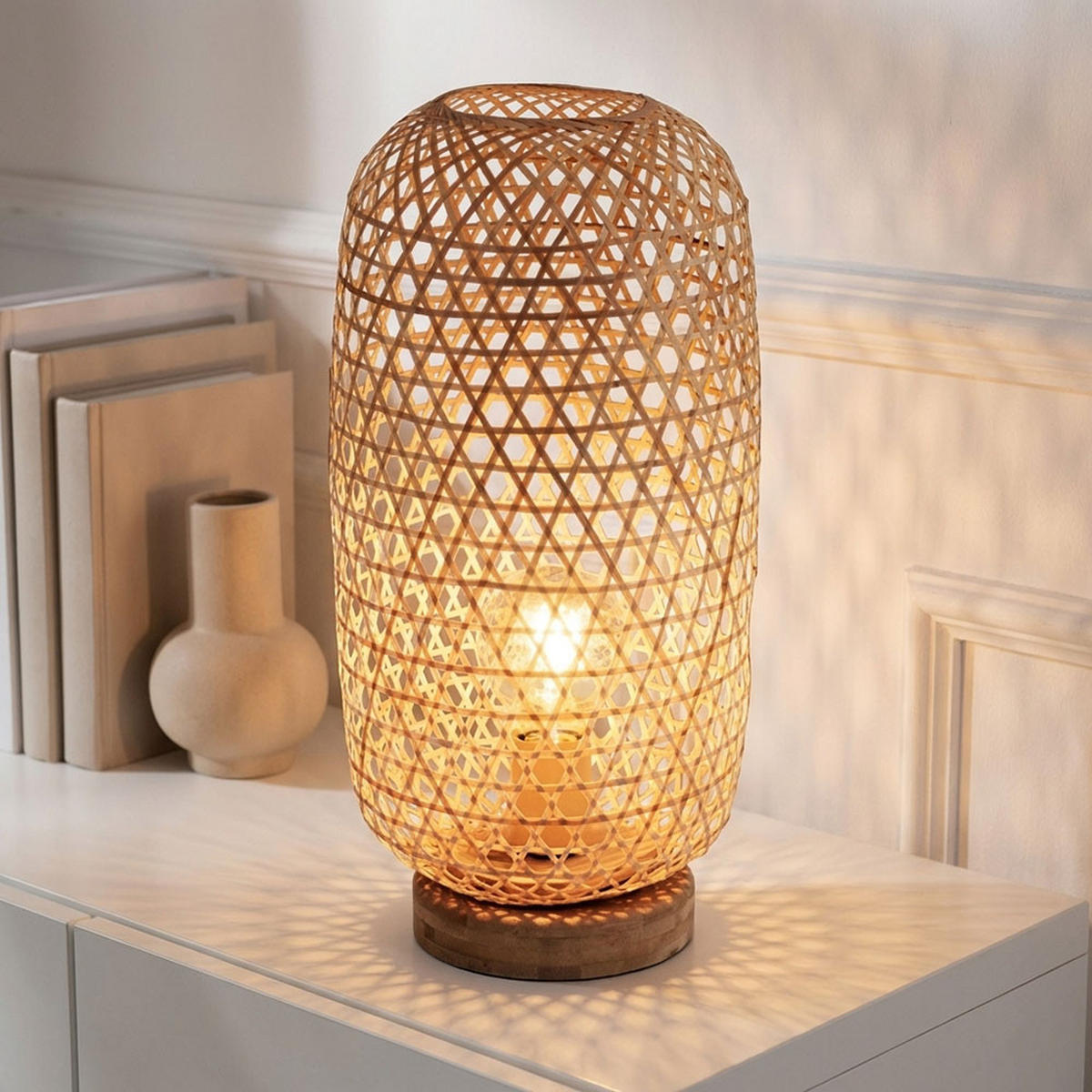 LED TISCHLEUCHTE Bambusoptik Braun - Orange, Holz (22/22/46cm) - Globo Lighting