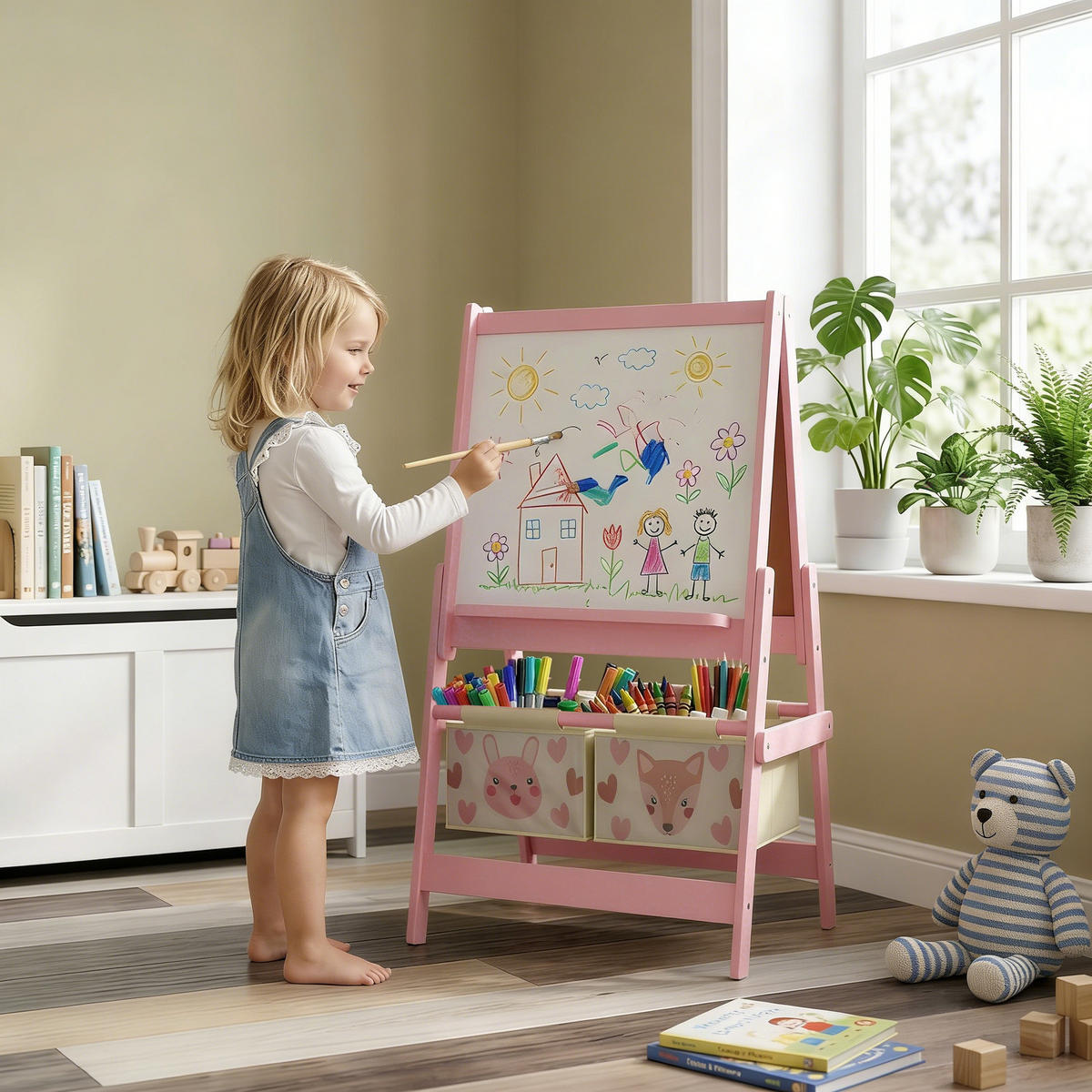 MALTAFEL DE-18185 3-in-1 mit Papierrolle, Tierdekor Rosa - Pink, Holzwerkstoff (46.5/93/54cm) - ComfortXL