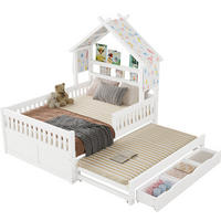 POSTEĽ v tvare domčeka 140/200 cm biela z MDF a borovice s výsuvným lôžkom, 3 zásuvkami a zábranami - biela, kompozitné drevo (140/200cm) - OKWISH