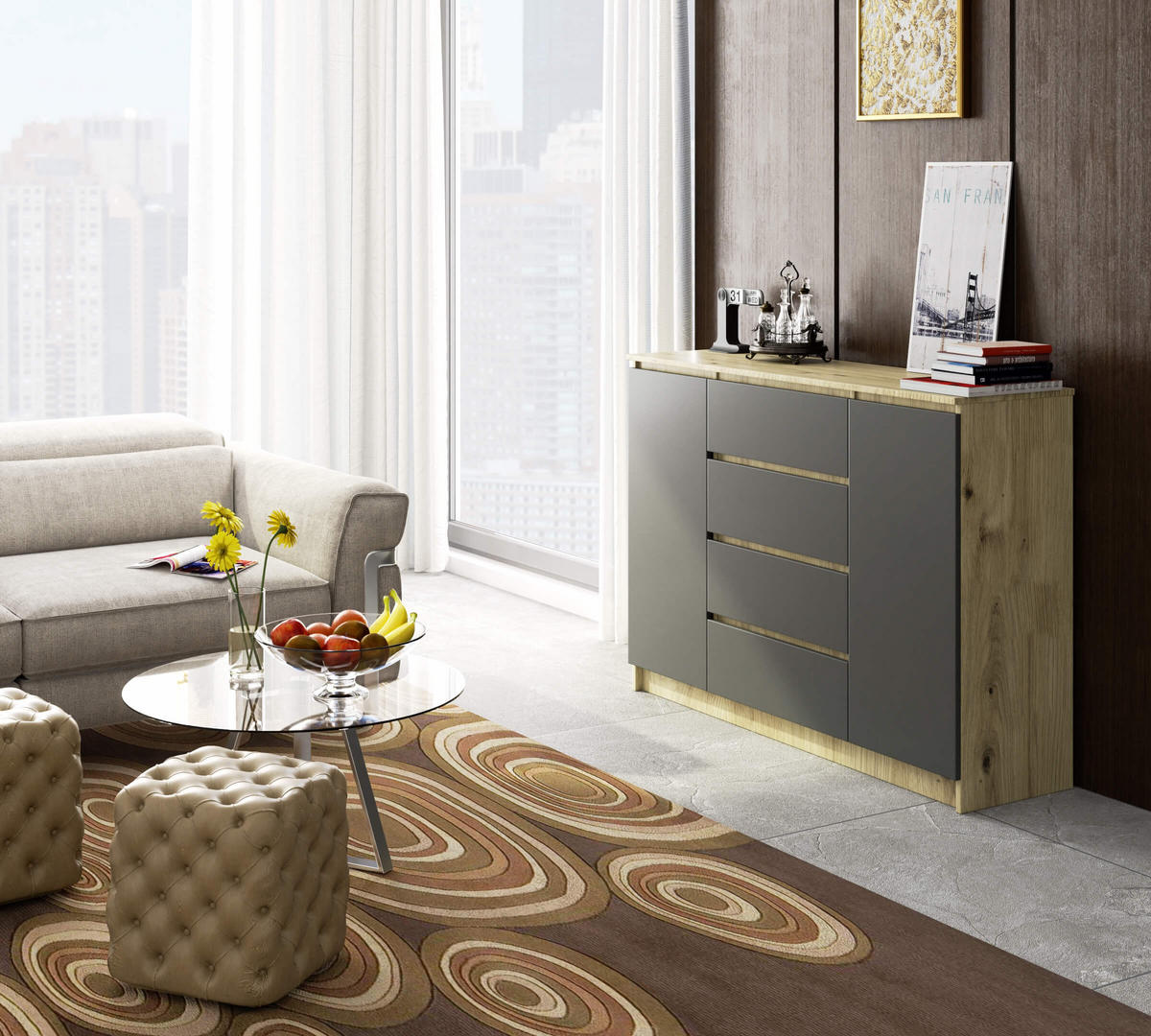 KOMMODE Eiche Artisan, Graphit Grau 99/138/40 - Eiche Artisan, Holzwerkstoff (138/99/40cm) - RAUMHIRSCH FURNITURE