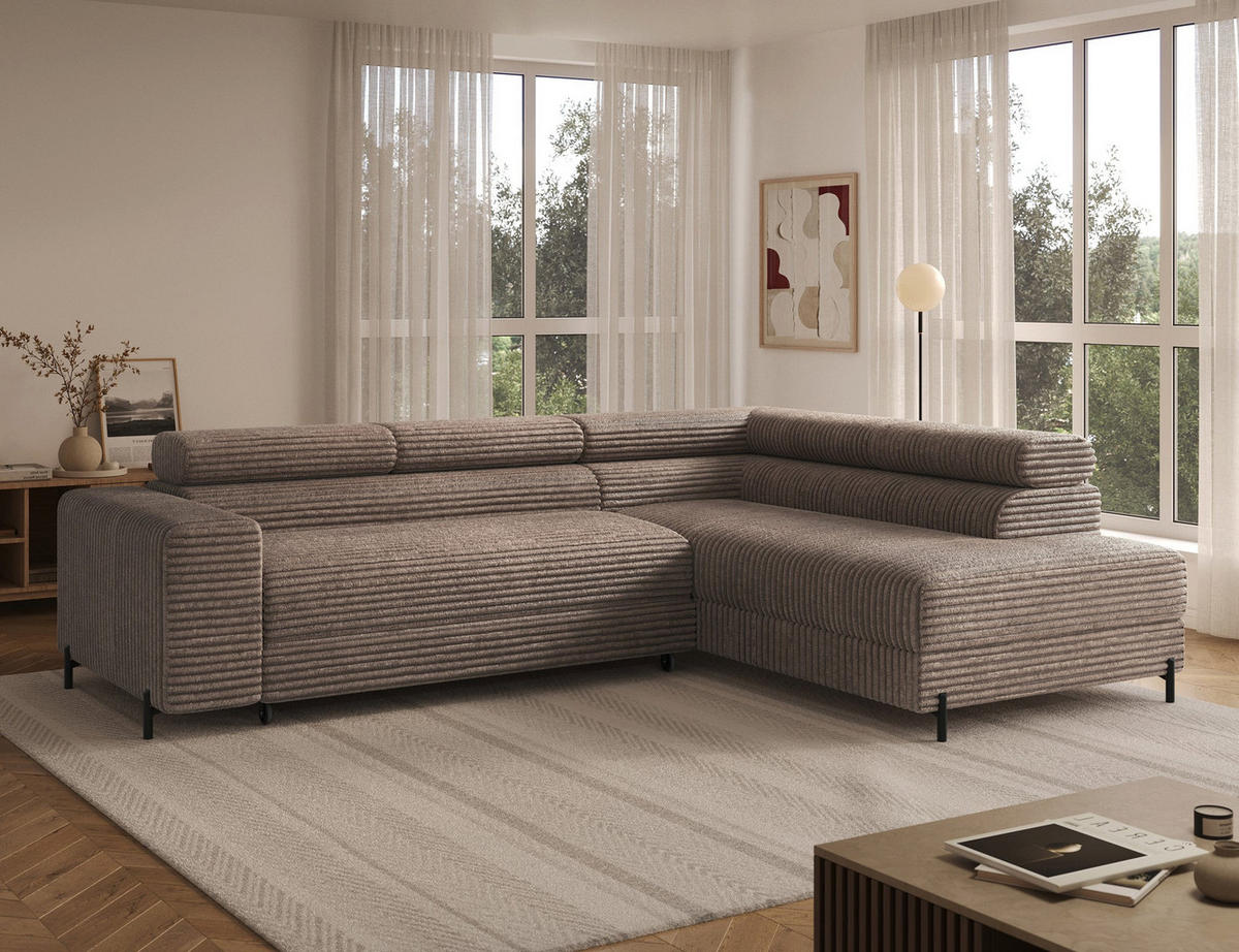 ECKSOFA COLESIO L-Form, Schlaffunktion, Bettkasten, verstellbare Kopfstützen, Wellenfederung, Metallfüße, breiter Cordstoff - Beige/Schwarz, Kunststoff/Metall (204/269cm) - Wohnideebilder