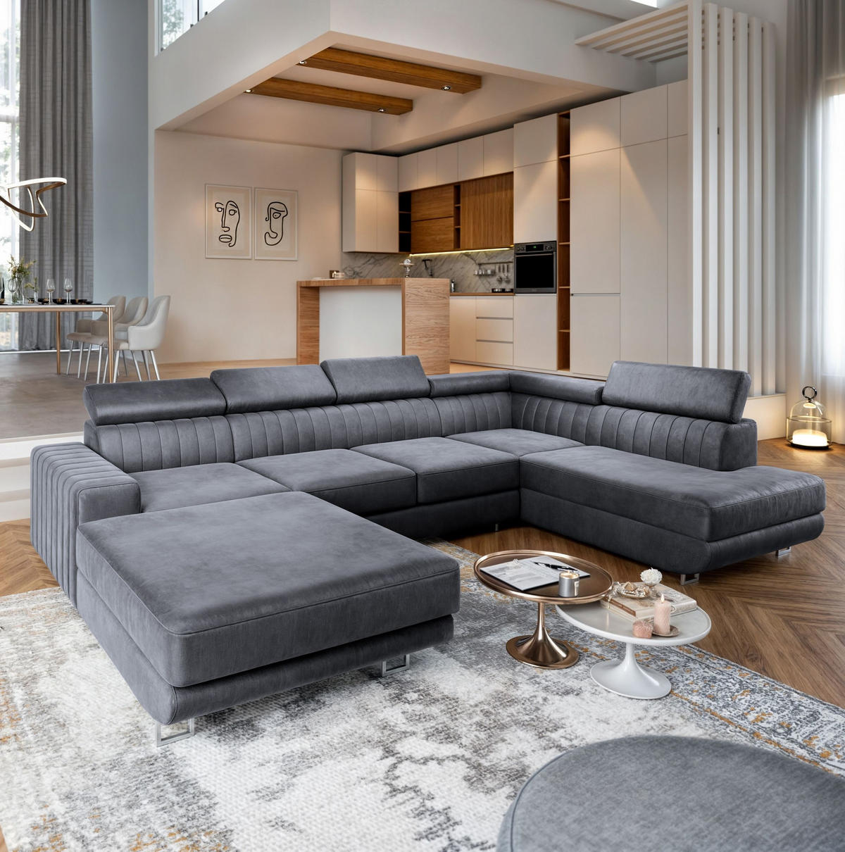 WOHNLANDSCHAFT SIENA R-S Grau Velours-Stoff mit Schlaffunktion - Grau, Holz (335/89/190cm) - MASSENO