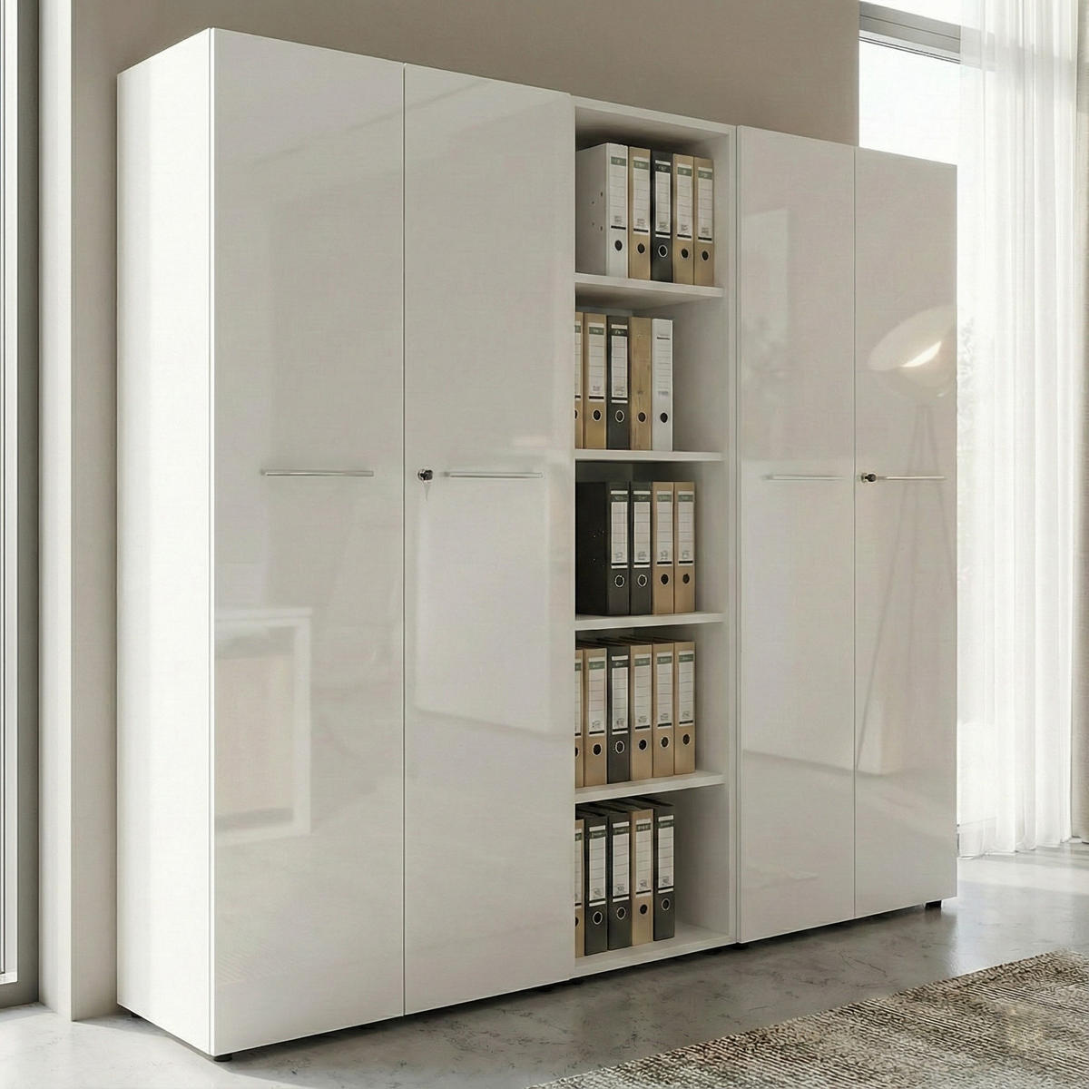 BÜRO-SET MUENCHEN 3-teilig weiß | 240cm breit Glasfront | 2 Schrank Abschließbar & Regal - Weiß, Holzwerkstoff/Metall (240/196/37cm) - KADIMA DESIGN