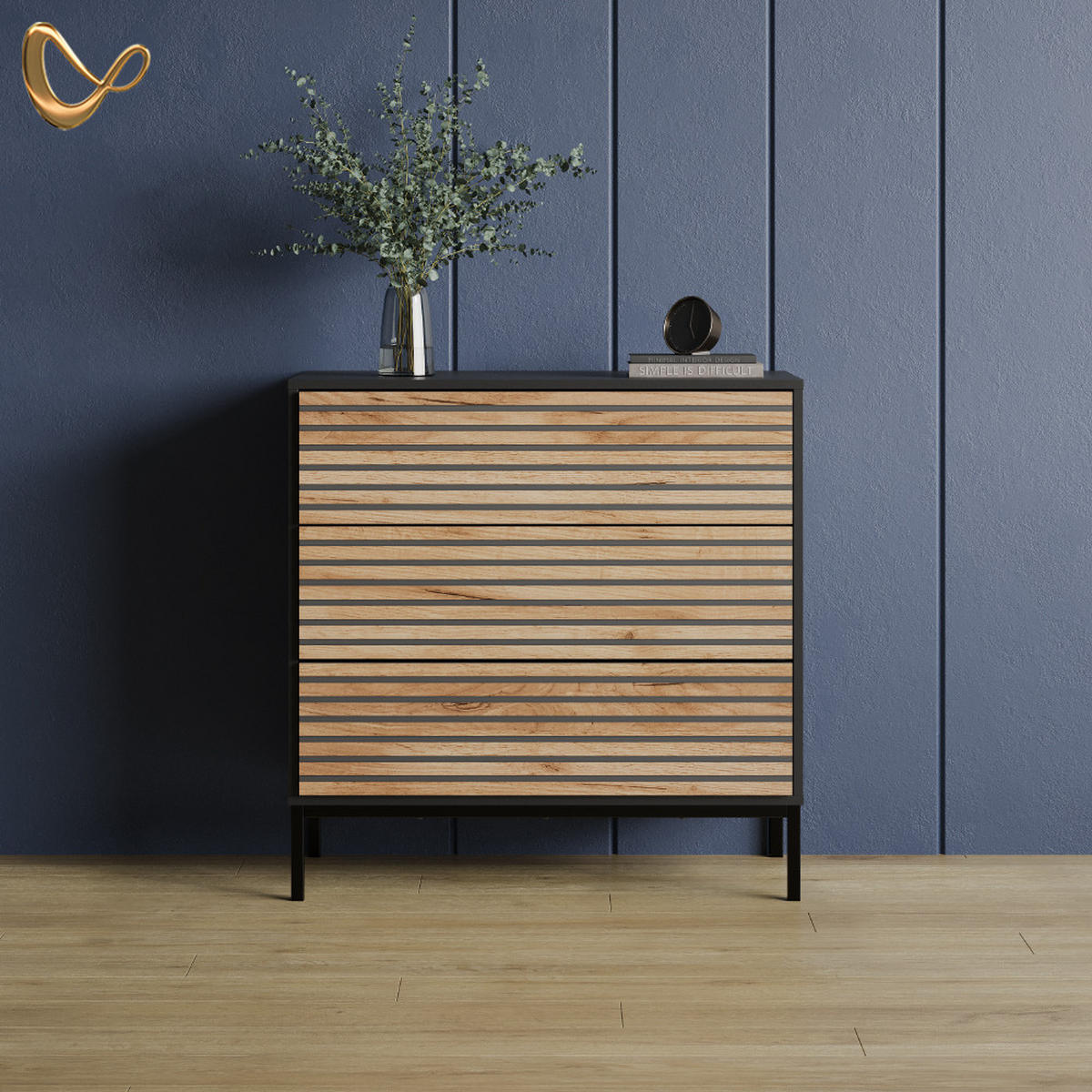 KOMODA Aterno Zlatý dub power/antracit 80 x 81.2 cm 2 zásuvky - medově dubová/antracitová, kompozitní dřevo (80/81.2/40cm) - Livinity®