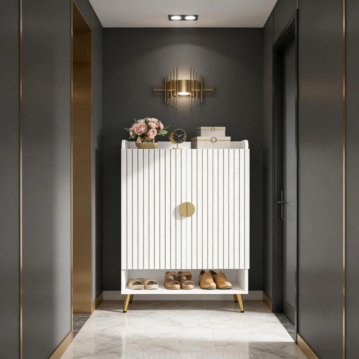 SCHUHSCHRANK Weiß 75/37/110 cm - Goldfarben/Weiß, Holzwerkstoff/Metall (73/110/37cm) - Quality Elegance