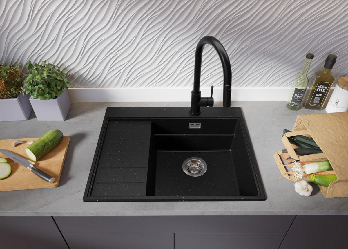 SPÜLBECKEN Sydney, 2-er set Schwarz Metallic 62/50 cm 1 Becken + Ablauf-Set + Küchenzubehörset ab 45er Unterschrank - Chromfarben/Schwarz Hochglanz, Kunststoff (62/20/50cm) - Primagran