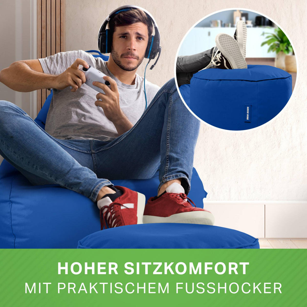 SITZSACK + Hocker "Cozy+Stay" 2er Set - Blau, Textil (70/90/80cm) - Green Bean