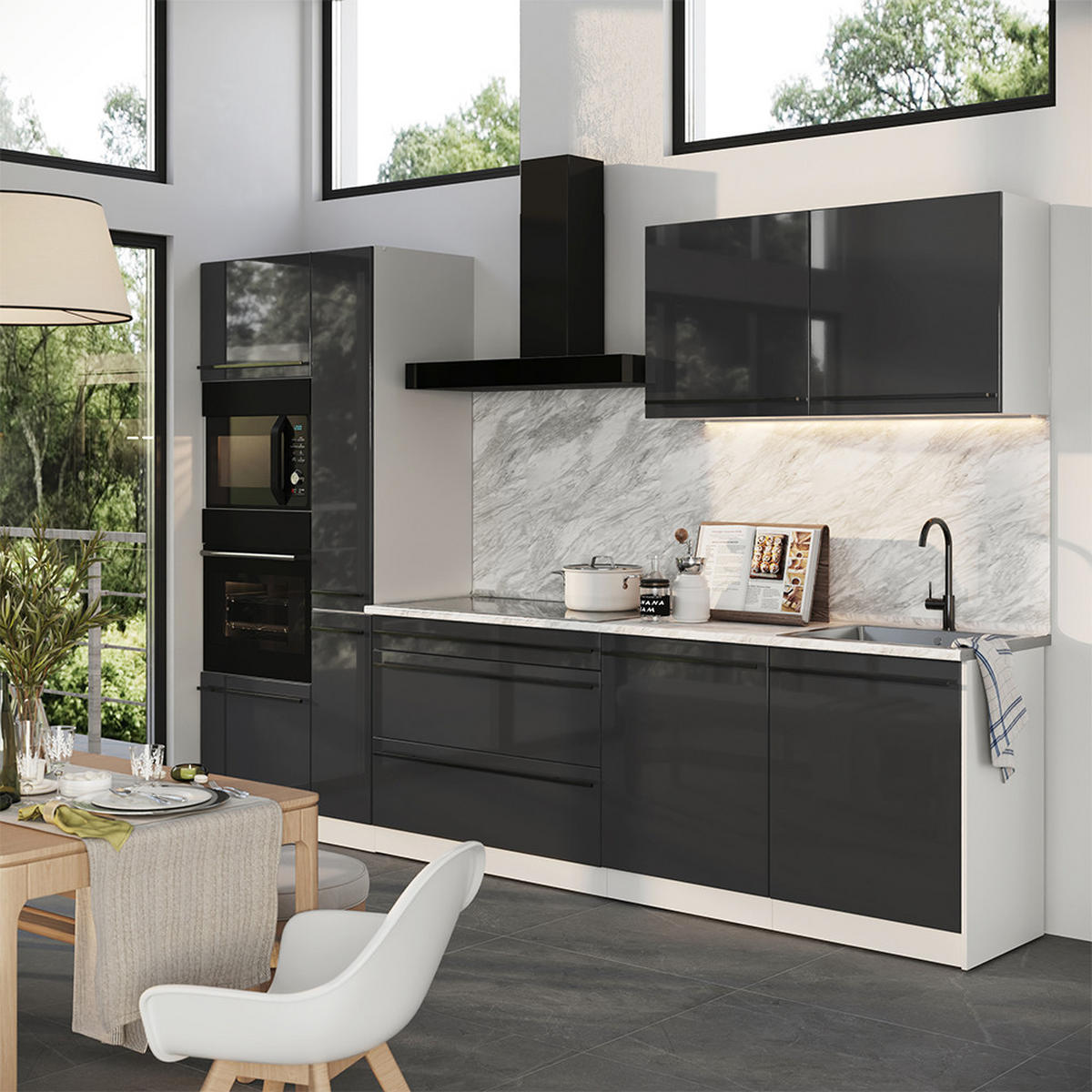 KUCHYNKA R-Line, Antracit vysoký lesk/biely, 310 cm Goldkraft tammi työtaso - biela/antracitová, kompozitné drevo (310/206.8/60cm) - Vicco
