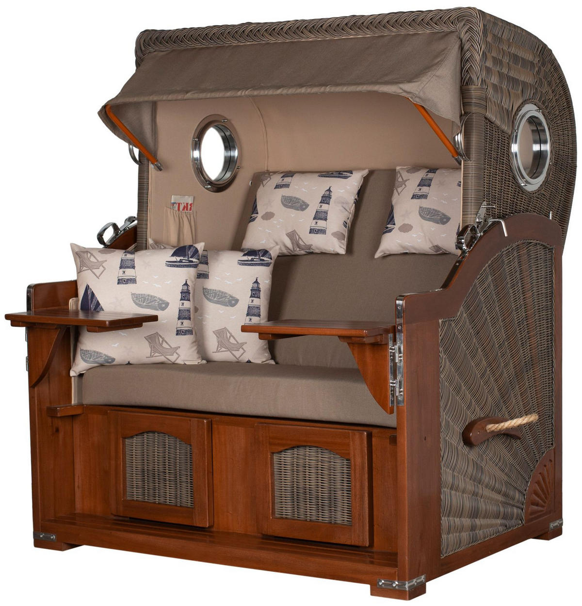 STRANDKORB Komplettset: Ammersee Grande XL Mahagoni Bullauge - PE grau - Modell 540 - Blau/Beige, Holz/Kunststoff (142/165/95cm) - bene living