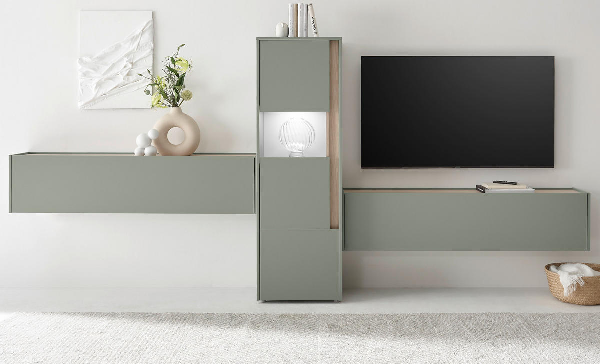 WOHNWAND 3-teilig in Salbei grün, Barista Eiche 350, Komplett-Set mit viel Stauraum - Salbeigrün/Eichefarben, Glas/Holzwerkstoff (350/155/40cm) - Furn.Design