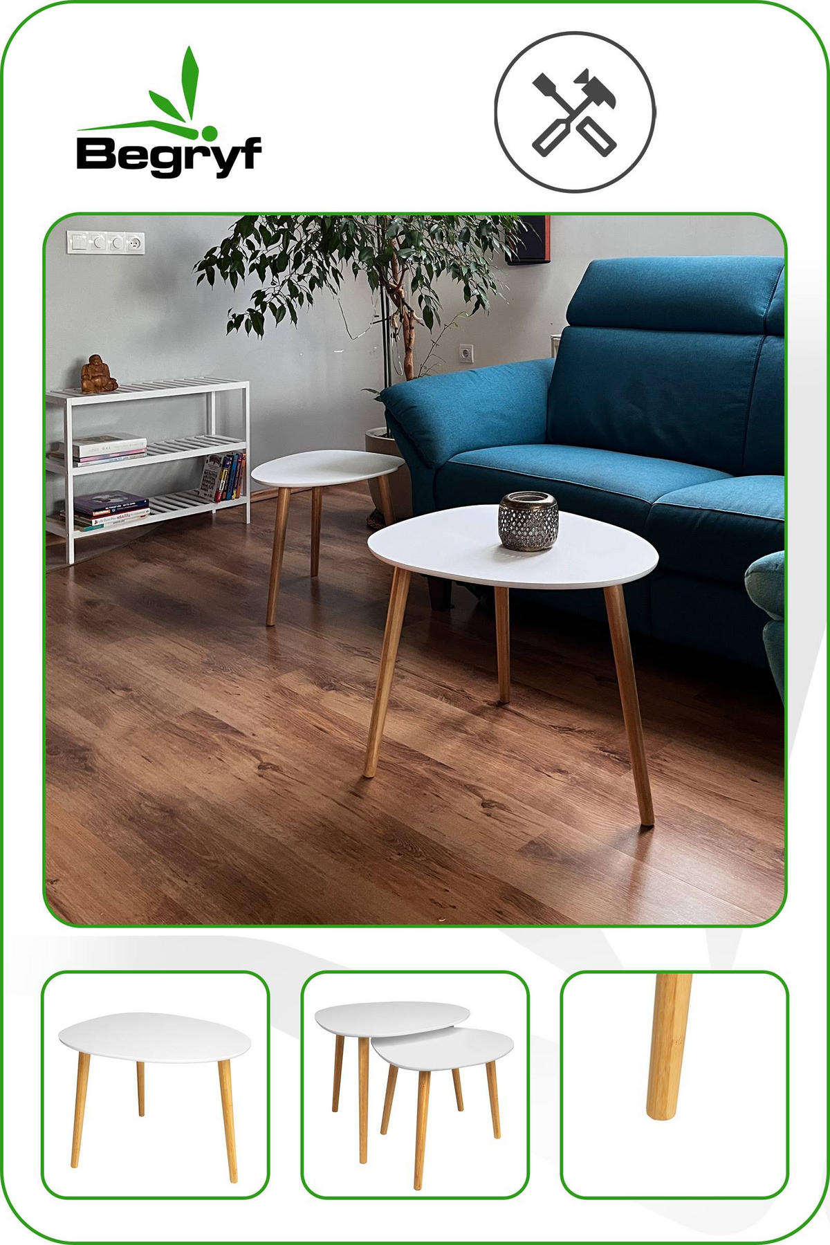 COUCHTISCH 2er Set MDF Bambus Weiß Naturfarben 55×53×42 / 39×39×40 cm - Weiß/Naturfarben, Holzwerkstoff (53/55/42cm) - Begryf