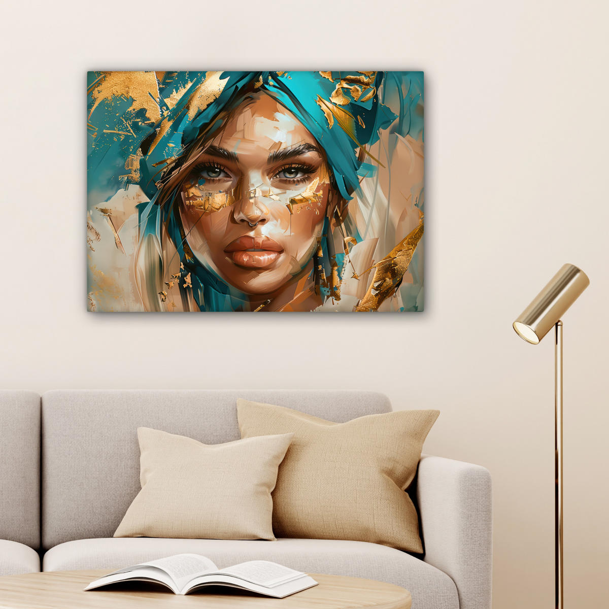 LEINWANDBILD - Frau - Porträt - Gold - Luxus - Blau - 80x60 - Malerei - Türkis, Textil (80/60cm) - MuchoWow