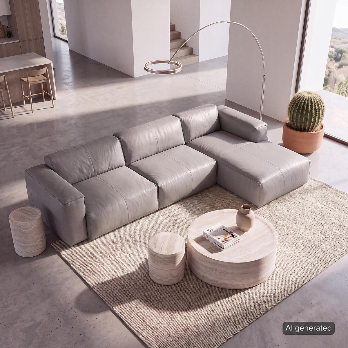 3-SITZER ECKSOFA mit Longchair - Hellgrau/Schwarz, Leder/Kunststoff (317/173cm) - home24