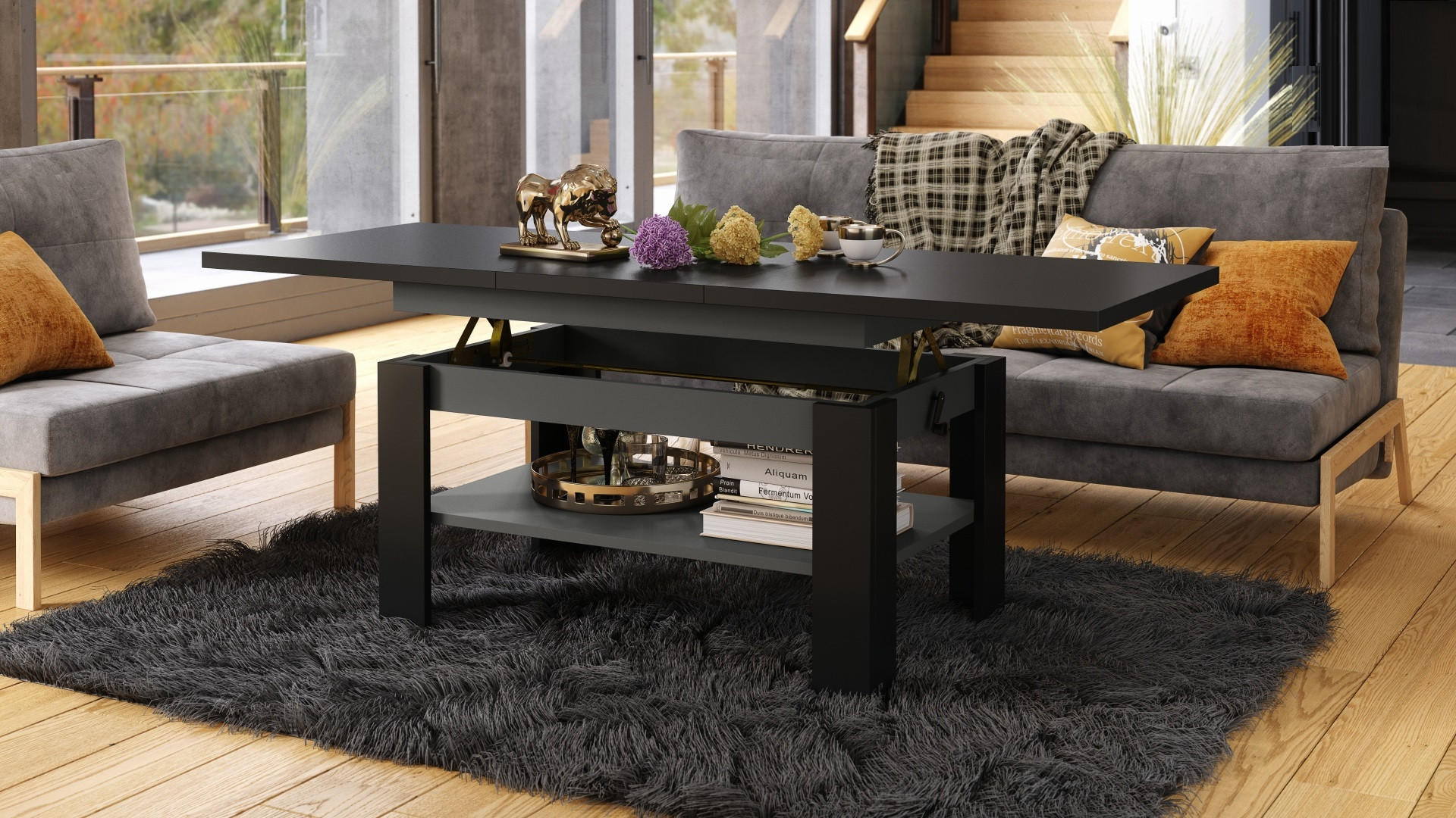 COUCHTISCH rechteckig Schwarz - Anthrazit ausziehbar höhenverstellbar - Anthrazit/Schwarz, Holzwerkstoff (65/130/58cm) - designimpex