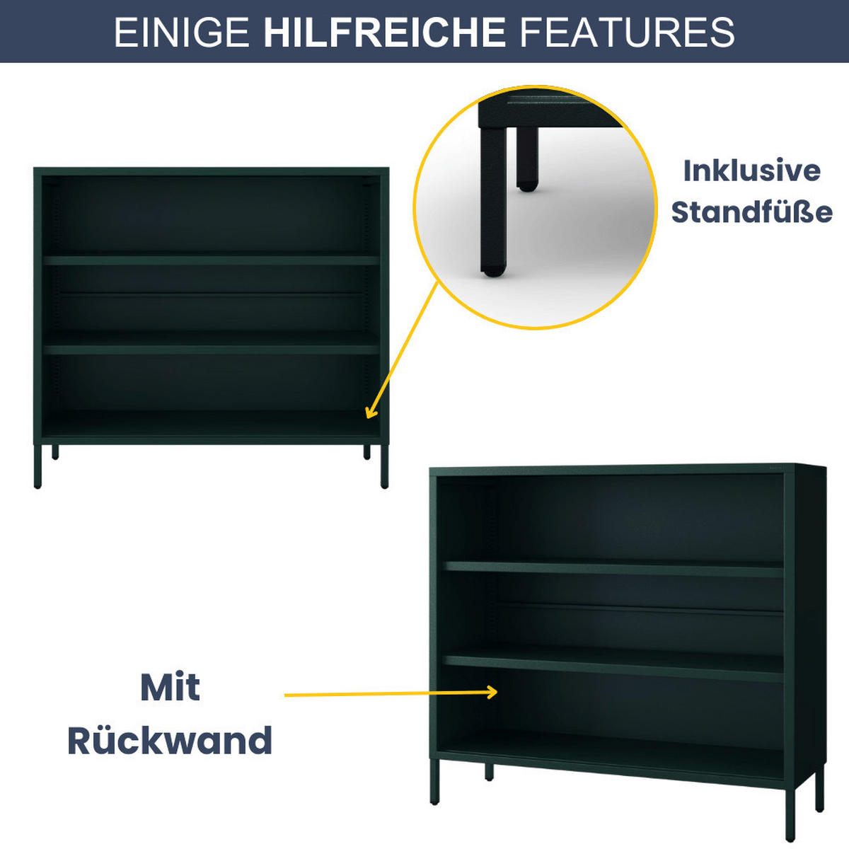 KOMMODE Metall offen WORF 4 Ebenen 90x100x35cm Dunkelgrün - Dunkelgrün, Metall (100/90/35cm) - DELUKE