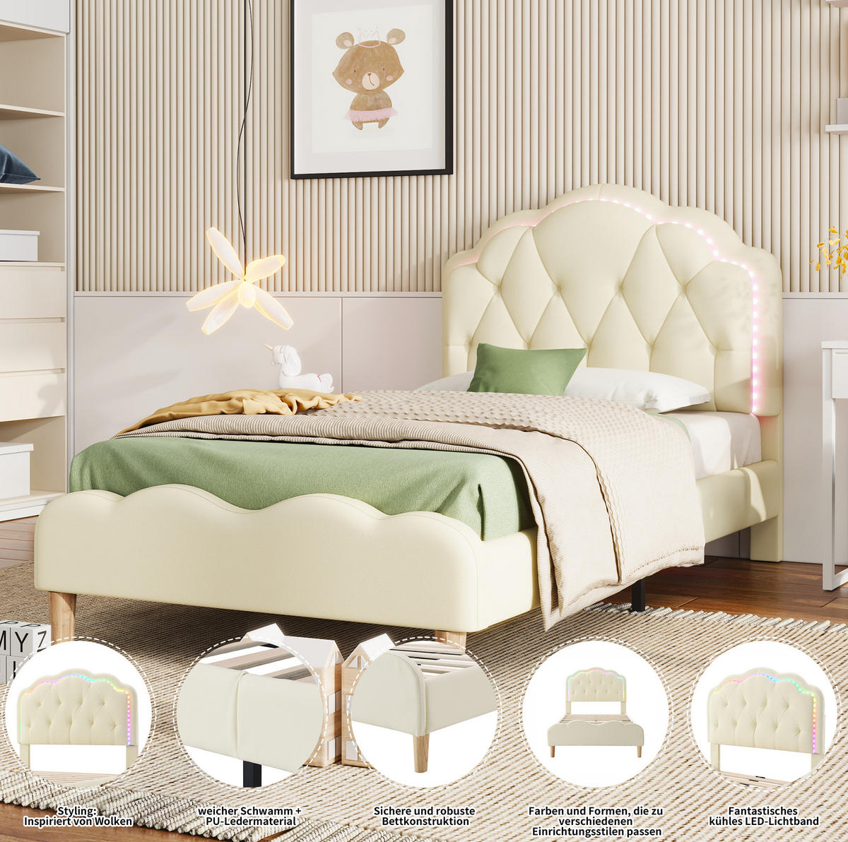 POLSTERBETT aus PU 90x200 cm Beige mit LED-Beleuchtung und wellenförmigem Kopfteil - Beige, Kunststoff (90/200cm) - IVMEU