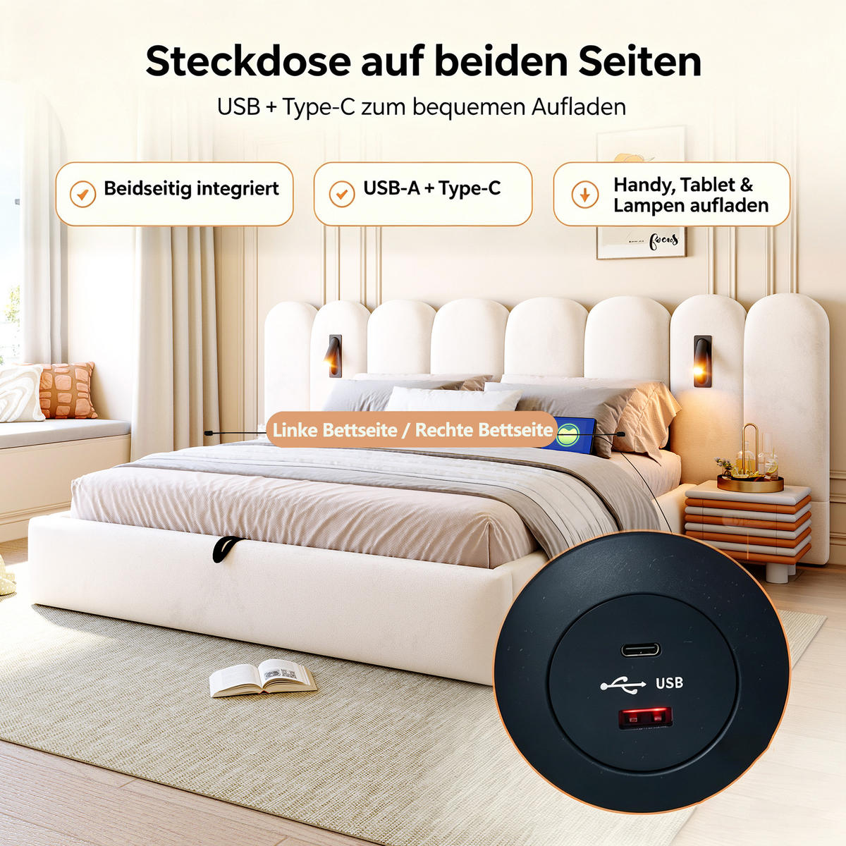 BOXBETT 160/200 mit Wolken Kopfteil, Bettkasten/Leselampe/USB, Samt, Beige - Beige, Holz/Textil (160/200cm) - LVHOM