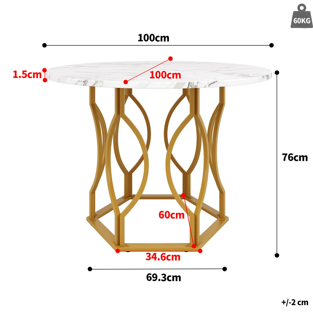 ESSTISCH rund 100x100 cm MDF Weiß/Gold - Goldfarben, Metall (100/100/76cm) - Meubliv