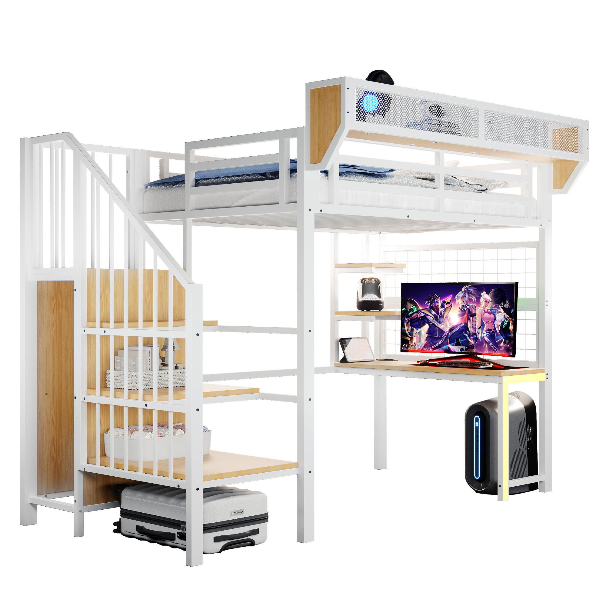 HOCHBETT 90/200 cm in Weiß mit Schreibtisch, Regal, LED und Steckdose - Weiß, Holzwerkstoff/Metall (90/200cm) - STILVORA