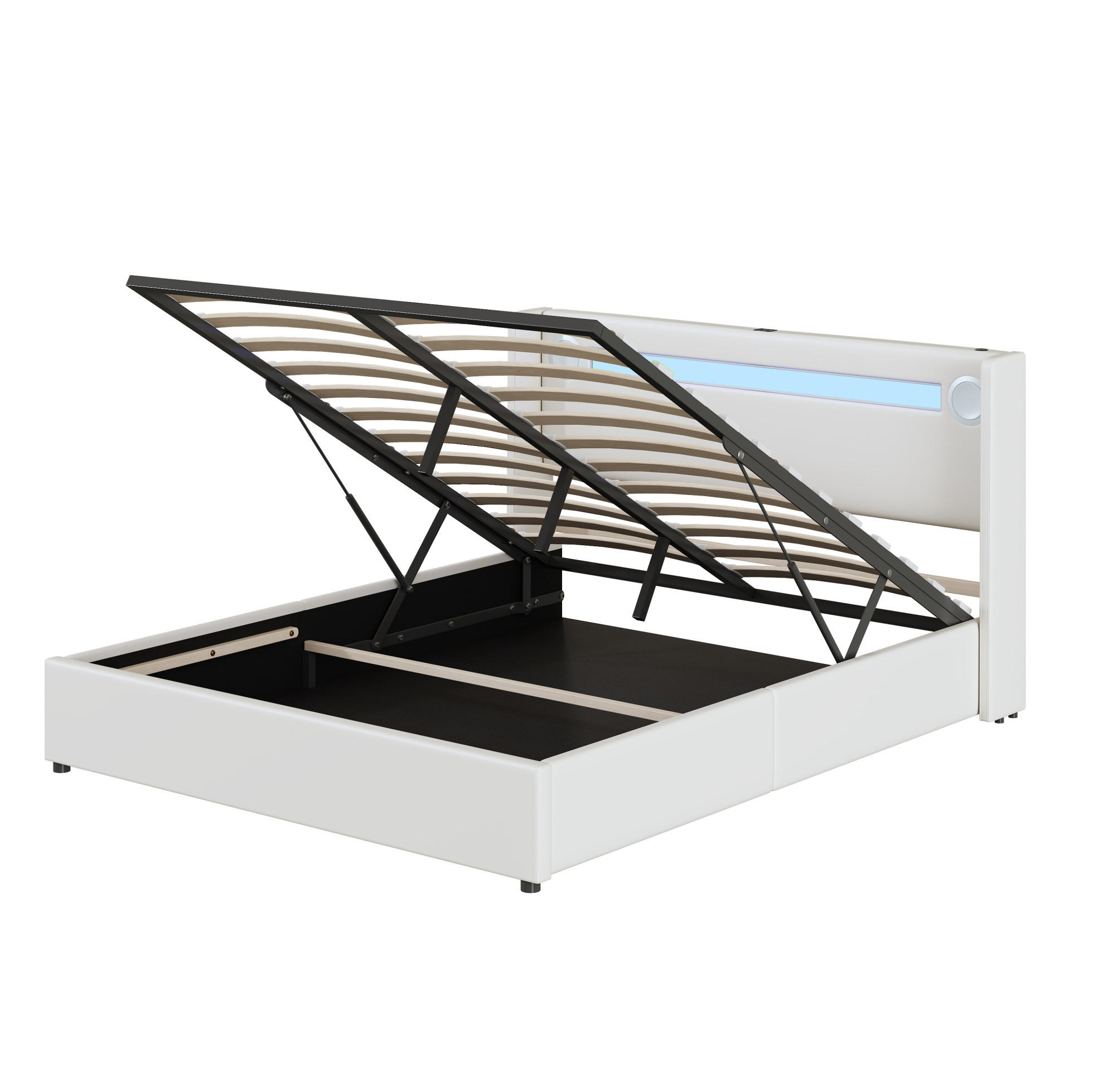 POLSTERBETT 160/200 cm mit LED-Lichtleiste, Bluetooth-Lautsprecher, USB-Anschlüssen und hydraulischem Stauraum, Weiß - Weiß, Kunststoff (160/200cm) - Redom