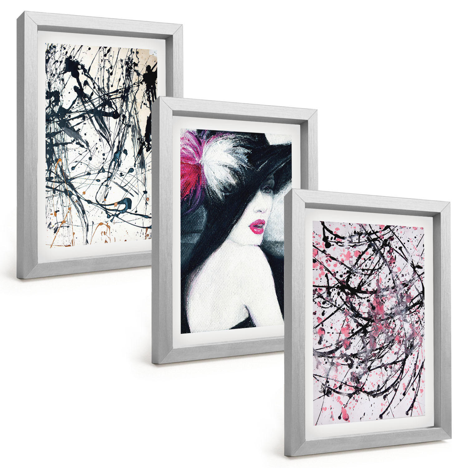 BILDER SET 3er Set - 20x30 cm Silberner Rahmen - Abstrakte Farbmuster Hut - Silberfarben, Kunststoff (20/30cm) - TULUP