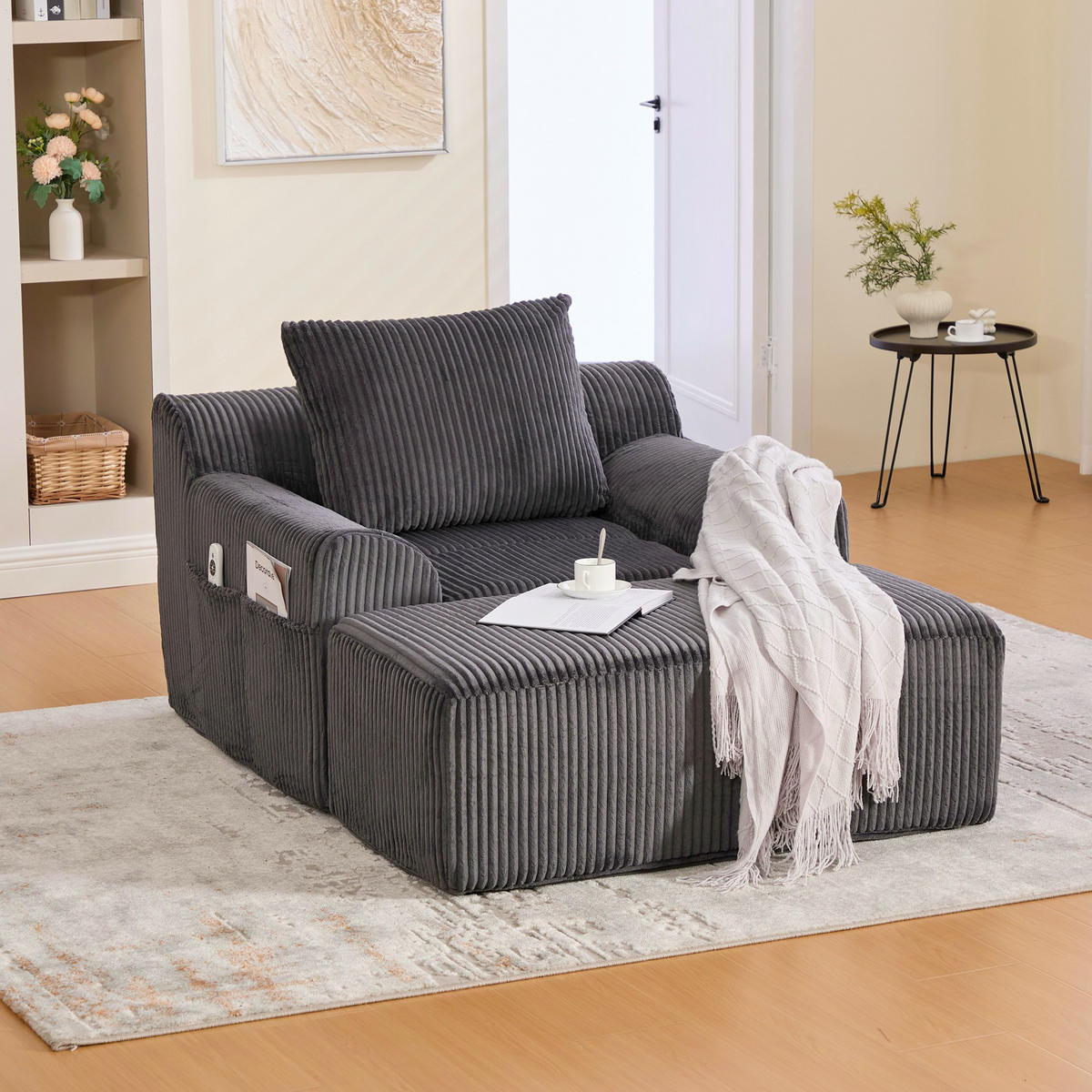 RELAXSESSELSET Übergroßer Loungesesselmit Fußhocker,Cord,Grau - Grau, Textil (110/87/147cm) - LVHOM