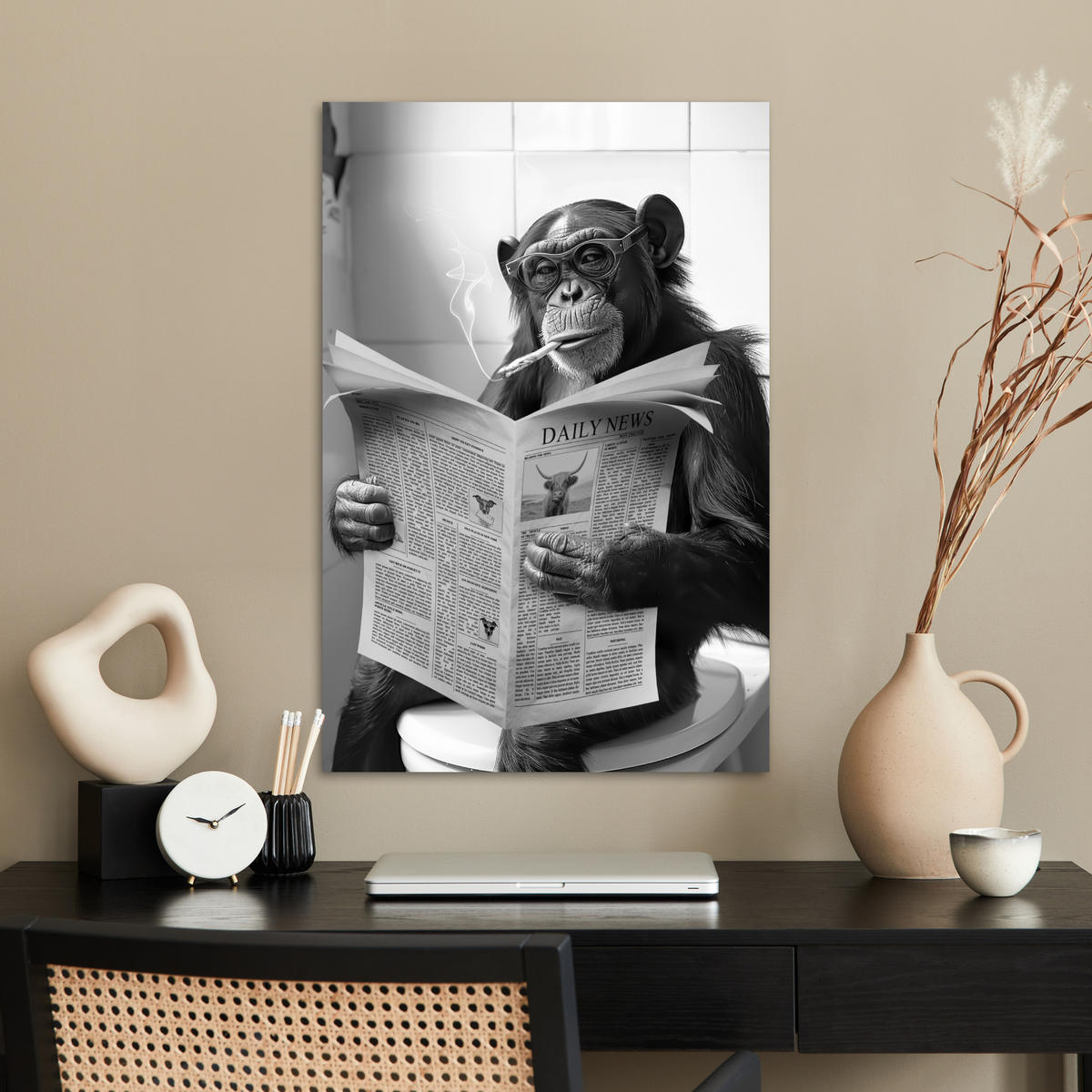 POSTER Affe - WC - Zeitung - Schwarz-Weiß - Humor 40x60 cm - Hellgrau, Papier (40/60/0.1cm) - MuchoWow