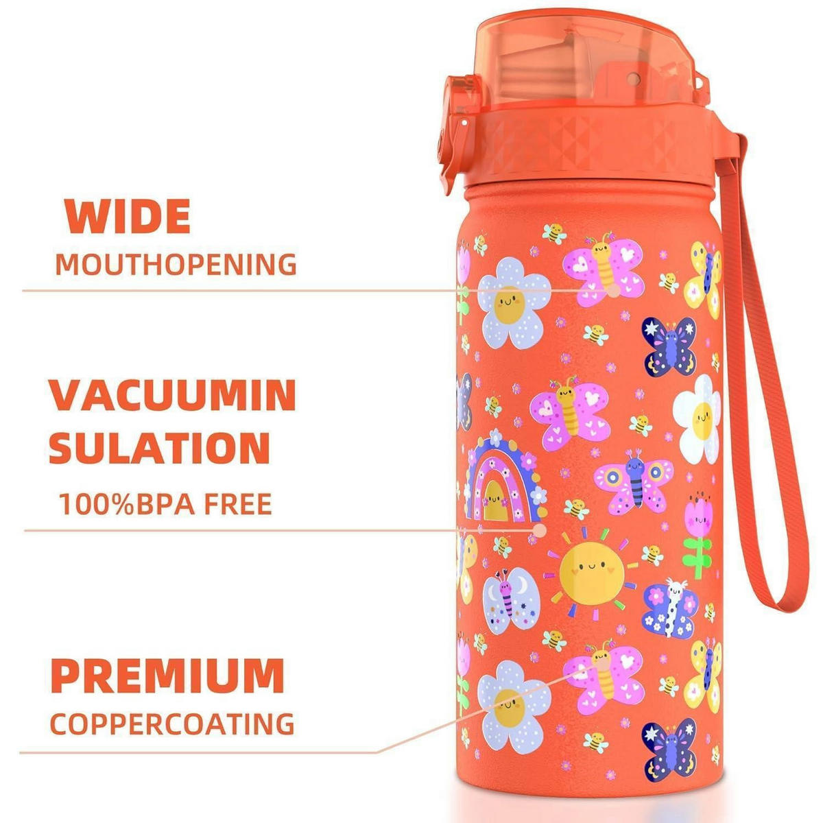 KINDER Trinkflasche 420 ml Edelstahl mit Strohhalm doppelwandig isoliert BPA-frei - Multicolor, Metall (7.5/7.5cm)