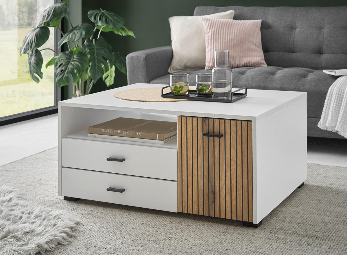 COUCHTISCH weiß matt, Eiche 90 cm, Wohnzimmertisch mit Stauraum und Soft-Close - Eichefarben/Schwarz, Holzwerkstoff/Kunststoff (90/70/43cm) - Furn.Design