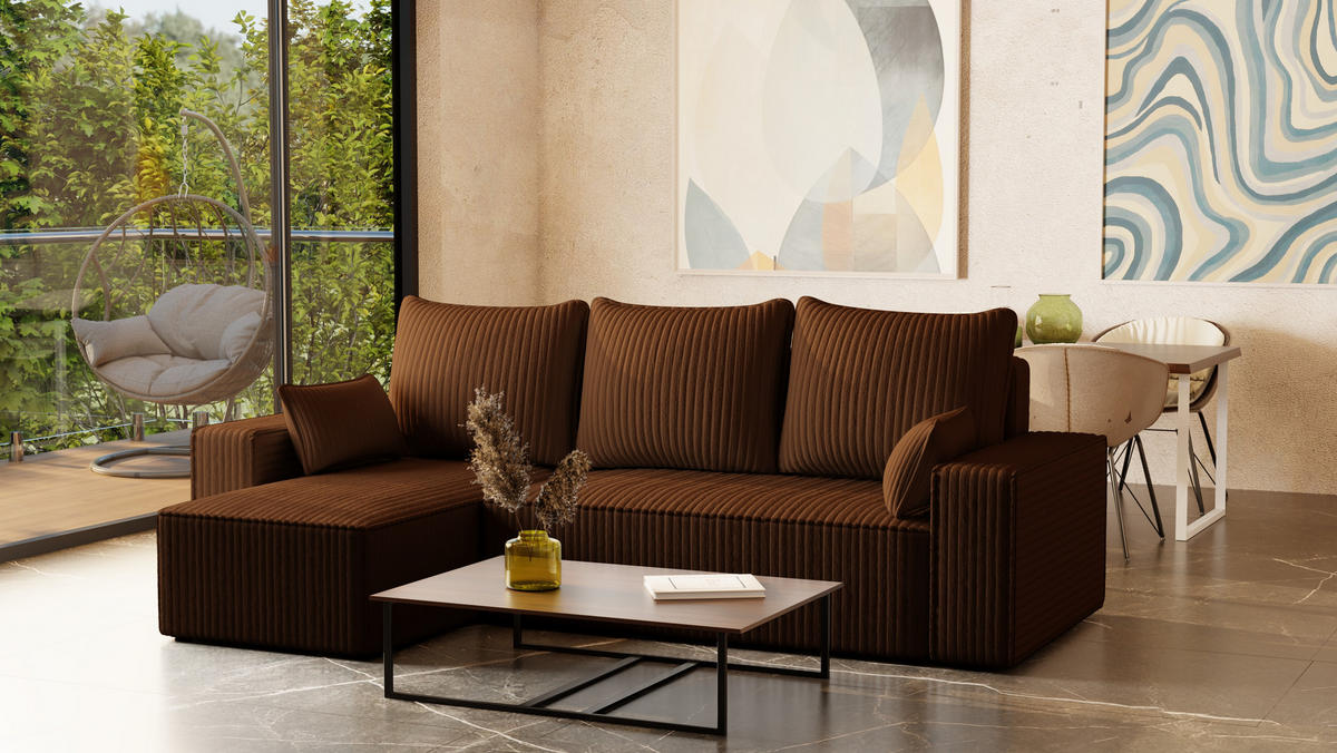 ECKSOFA Tobi mit Bettkasten und Schlaffunktion, L-Form/XL-Form, Cordstoff, Universal - Braun, Holzwerkstoff (246/145cm) - 4ALL HOME