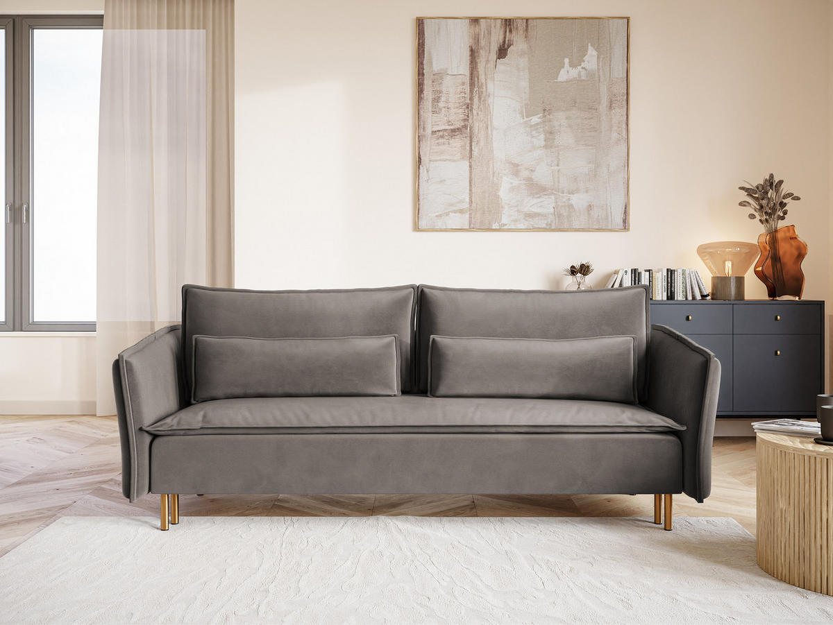 SCHLAFSOFA Ummo Grau Velours - Goldfarben/Grau, Textil/Metall (230/88/90cm) - Selsey
