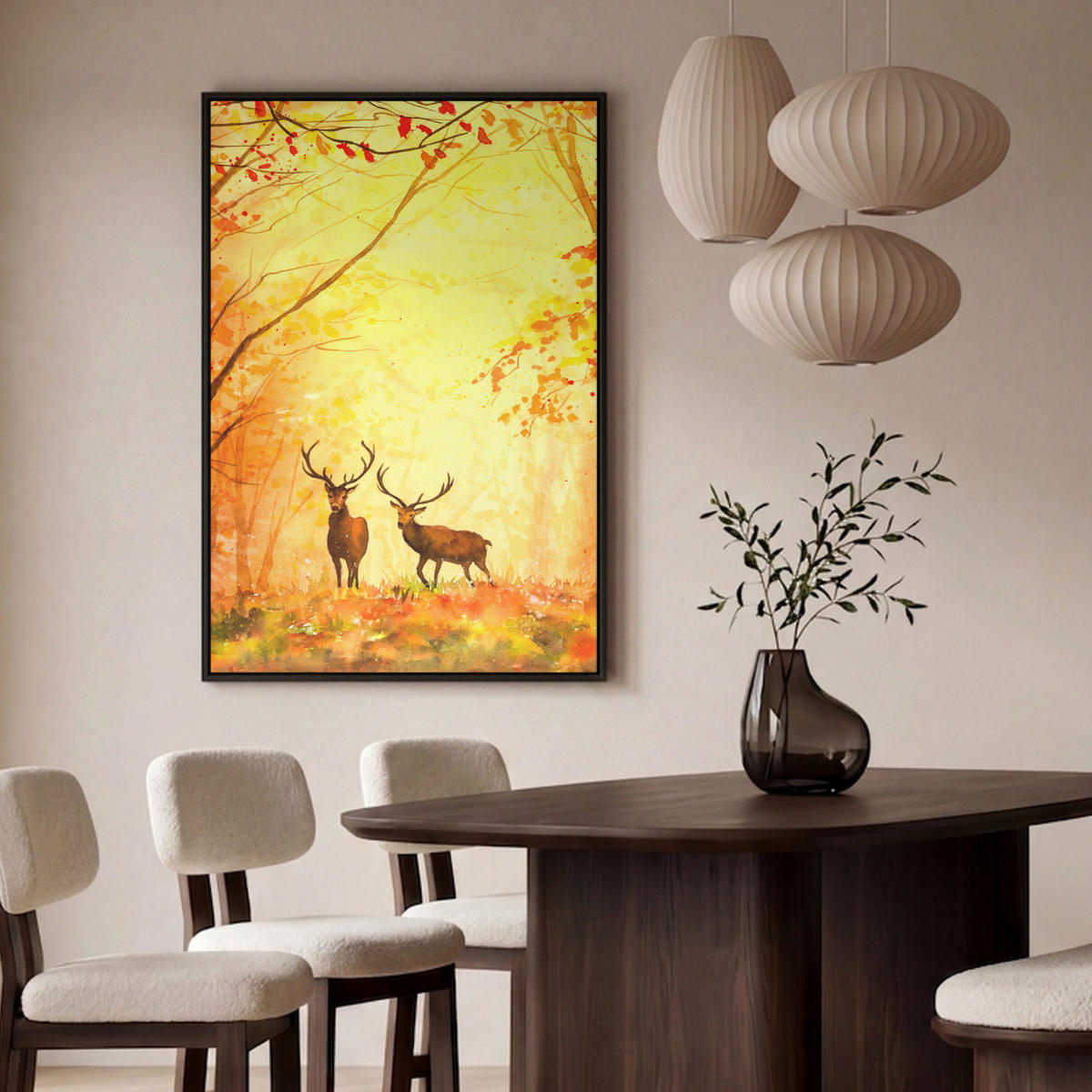 LEINWAND Bilder mit Rahmen - Natur - Ölfarbe - Hirsche - Tiere - Herbst - Orange - 80x120 - Orange, Textil (80/120cm) - MuchoWow