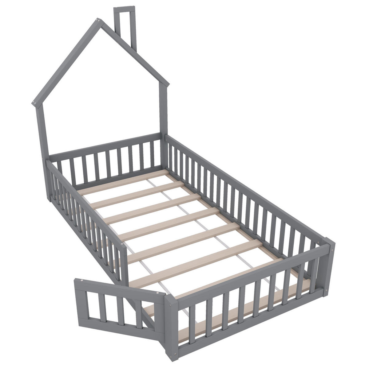 KINDERBETT Kindereinzelbetten 90/200 cm mit Lattenrost, Sicherheitsgitter und Schornstein-Design aus Kiefer, Grau - Grau, Holzwerkstoff (90/200cm) - Redom
