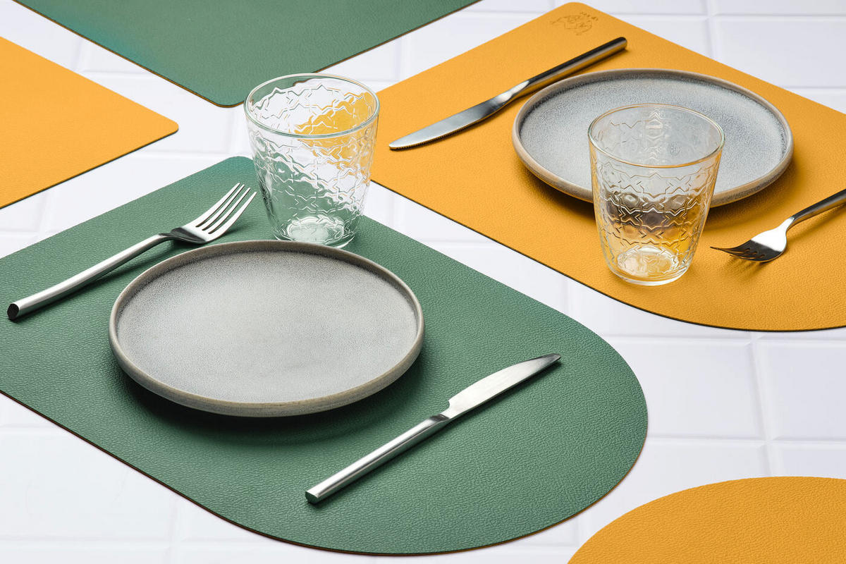 TISCHSET - 6er-Set - Recyceltes Leder in Senfgelb und Tannengrün - Gelb, Textil (30/44.5cm) - Björn