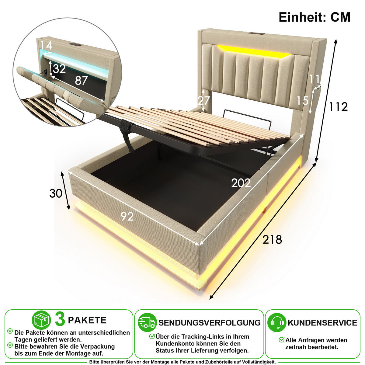 ČALOUNĚNÁ POSTEL 90/200 cm v béžové barvě ze lnu s úložným prostorem, LED a USB-C - béžová, kov/kompozitní dřevo (90/200cm) - CHICFURN