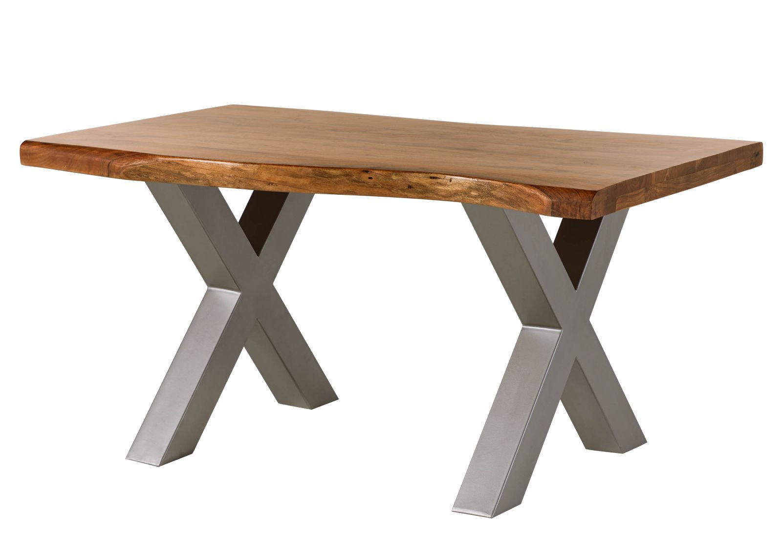 BAUMTISCH Akazie 160x90x77 Akazie natur lackiert / X-Beine silber matt FREEFORM 5 - Braun, Holz (90/160/77cm) - Massivmoebel24