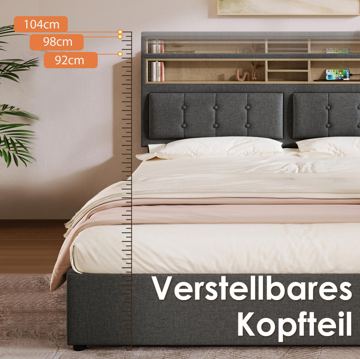 ČALÚNENÁ posteľ z ľanu 140x200 cm sivá s nastaviteľným čelom, 4 zásuvkami, USB-C a matracom - sivá, textil (140/200cm) - Modfu
