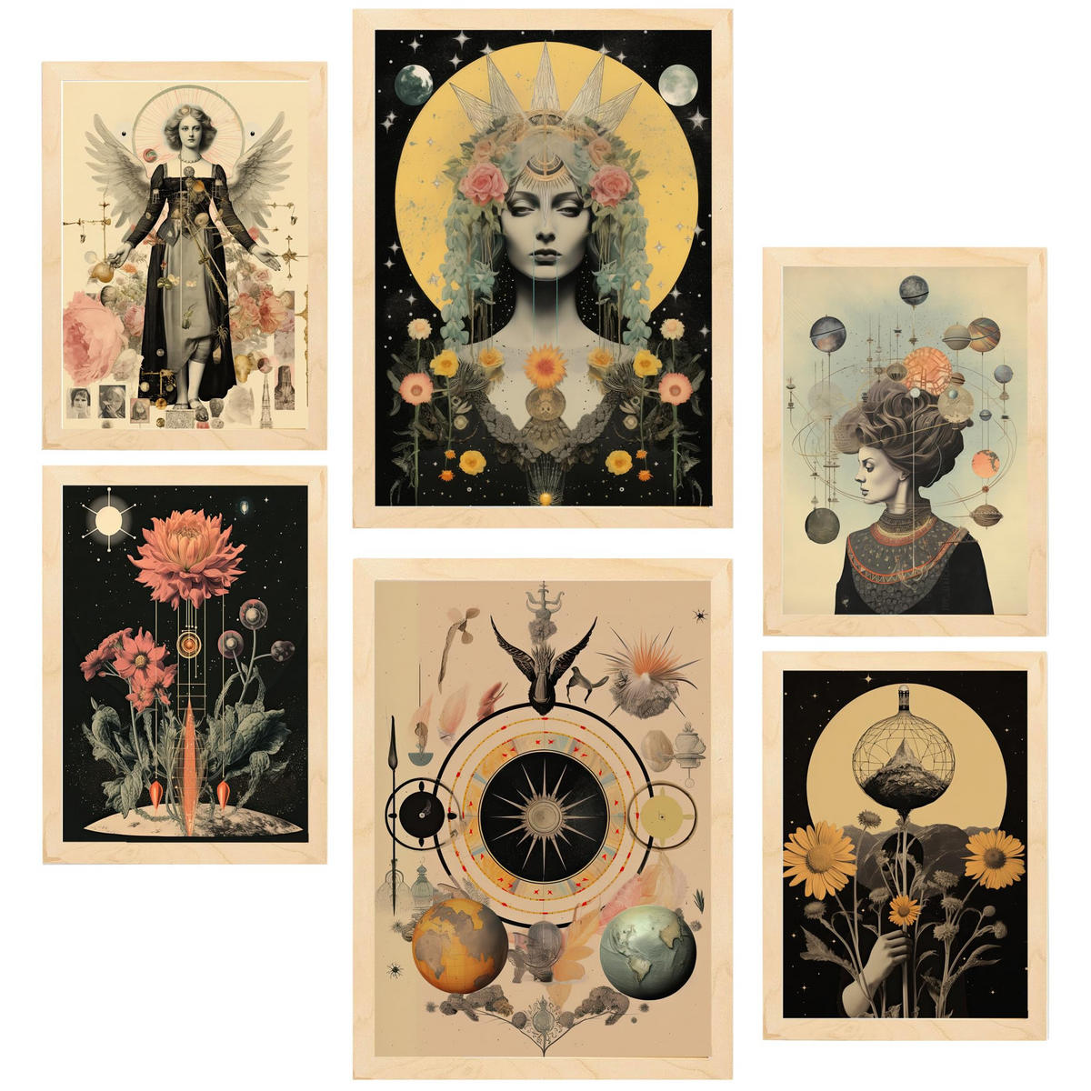 POSTER Set Mit 6 Mystischen Esoterischen A3 & A4 Rahmen Aus Hellem Holz - Beige, Papier (29/3cm) - Nacnic