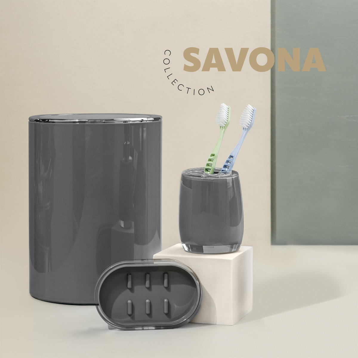 BAD-SET 3tlg. SAVONA, grau - Grau, Kunststoff (19/24.5/19cm) - bremermann