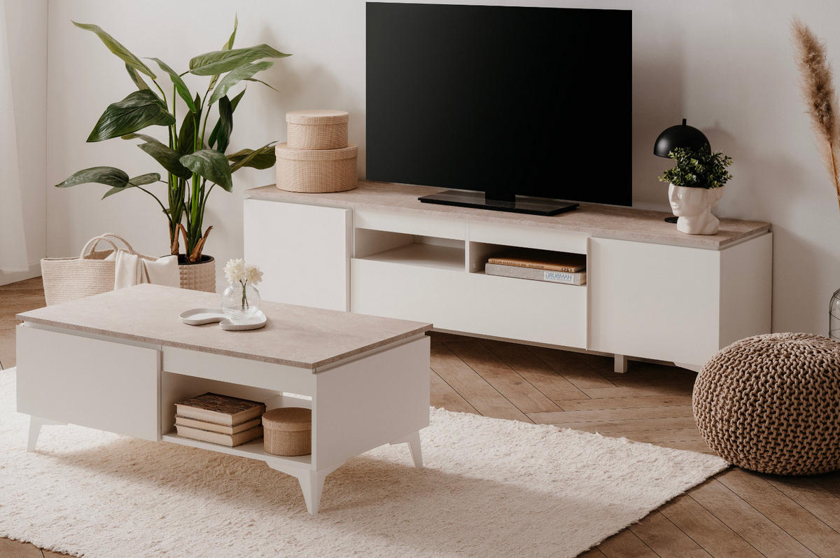 TV-LOWBOARD weiß, Sandstein 177 cm, TV-Unterteil mit 6 Fächern - Sandfarben/Weiß, Holzwerkstoff/Kunststoff (177/52/40cm) - Furn.Design