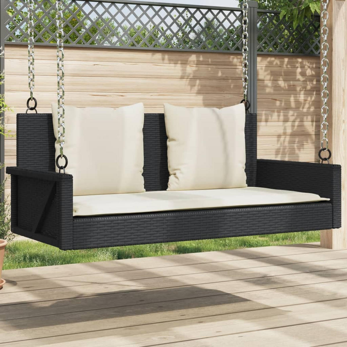 HÄNGEBANK mit Kissen Schwarz 119x56x48 cm Poly Rattan - Schwarz, Holz (119/48/56cm) - furnicato
